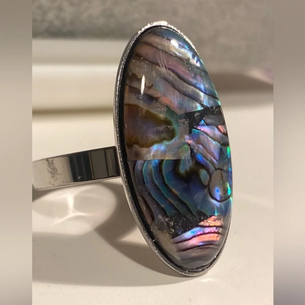 NEW Oversized Abalone Statement Ring Silver Boho Iridescent Shell Jewelry GIFT 8